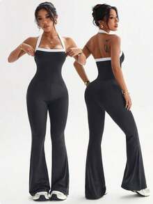 Dewbera Women's Yoga Outdoor Fitness Jumpsuit, Spaghetti Strap Contrast Color Backless Tank Top & Tight Flare Pants - 深灰色 - 查看 2