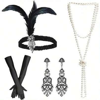 1920s Women's Flapper Costume Set, Including Pearl Necklace, Earrings, Gloves, Vintage Wedding Decor