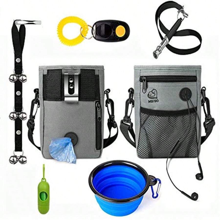6 en 1 Set Bolsa de Entrenamiento para Perros Bolsa de Tratamiento para Mascotas Almacenamiento para Perros Bolsa de Malla Juguetes para Mascotas Dispensador de Bolsa 3 Formas de Llevar con Cinturón - Gris - Ver 1