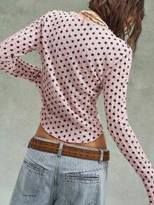 Boho Vacation Valentine's Day Music Festival Casual Polka Dot V-Neck Long Sleeve Knit Blouse For Women, Spring/Summer - 粉色 - 查看 8