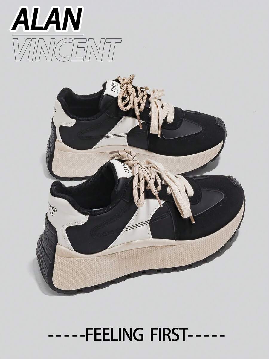 Alan Vincent [免费退换货] [旅行者系列] 春季新款黑色厚底运动鞋，舒适时尚厚底鞋，休闲运动鞋，女士户外派对鞋，百搭日常鞋 - 黑色 - 查看 1