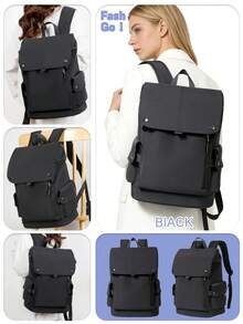 1 Pc Stylish Roll-Top Large Capacity Backpack. Multi-Compartment Storage Backpack With Laptop Compartment & Front Zipper Pocket. Durable Water-Resistant Fabric Travel Backpack With Luggage Strap. - Black - View 2