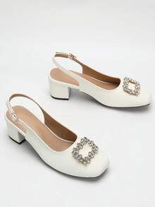 宽楦女士套脚凉鞋，简约百搭舒适绑带中跟户外优雅高跟鞋 - 白色 - 查看 5