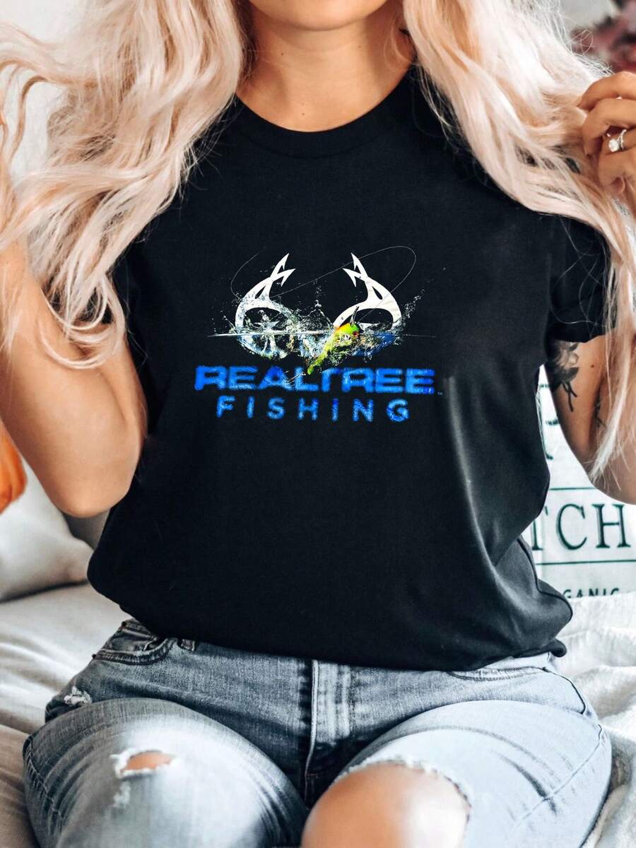 Maglietta da donna con stampa del logo di pesca REALTREE, maglietta da uomo per attività all'aperto, caccia e pesca, taglia large - nero - Visualizzare 1