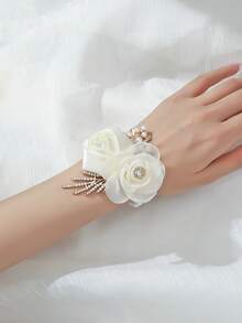 1pc Corsage + 1pc Wrist Flower, Korean Style White & Beige Rose Wrist Flower Suitable For Bride, Bridesmaid, Wedding, Prom, Party, Daily Wear - White - View 7