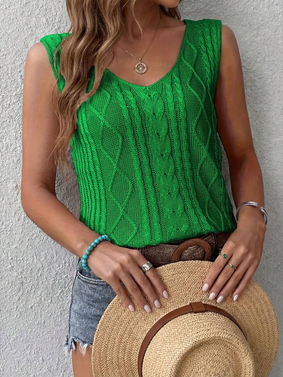 Plus Size Women V-Neck Sleeveless Ribbed Casual Tank Top, Lightweight & Breathable, Suitable For Spring And Summer - Green - View 1