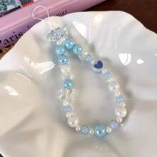 1条海盐蓝串珠手机挂绳，简约清新手机挂饰带 - 藍色 - 查看 7