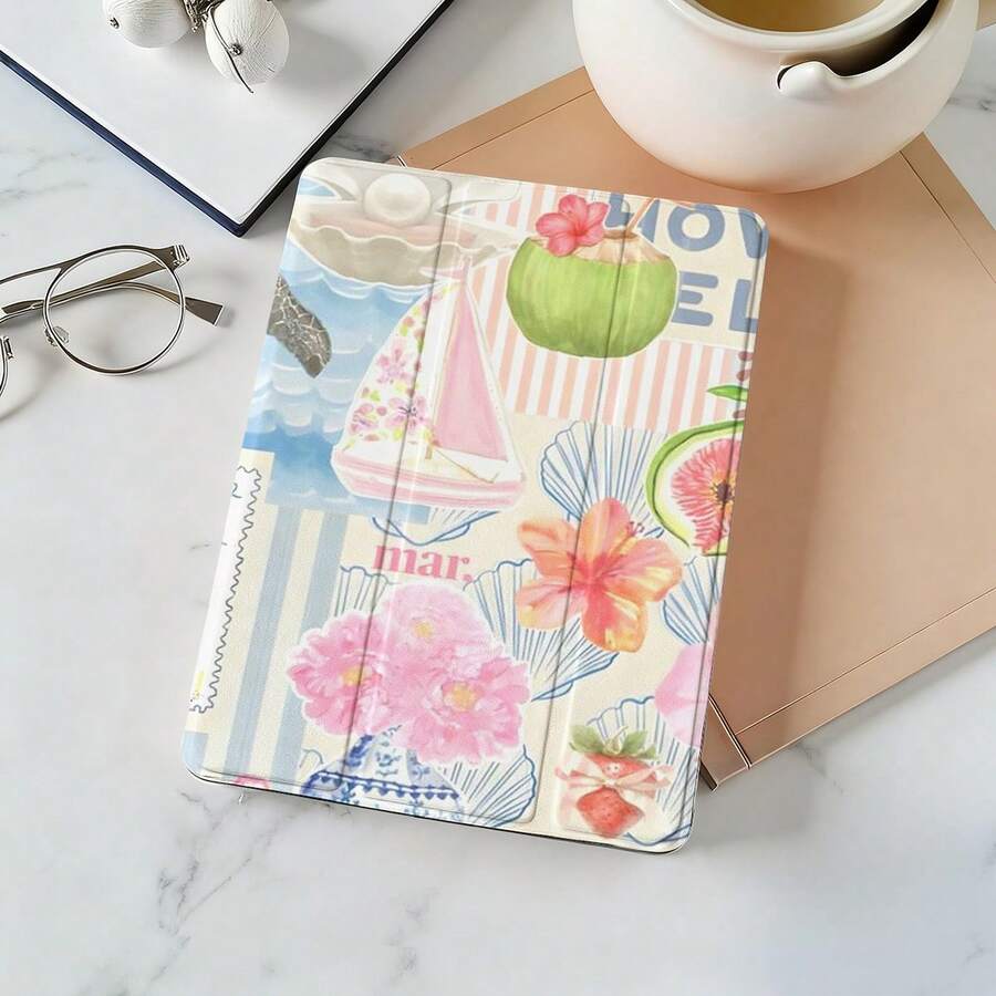 1pcs Summer Beachy Watercolor Elements Pattern Case And Tablet Case | Flip Cover Doubles As A Stand | Features A Pen Slot | Compatible With Pro M4/ Pro 6th/ Pro 5th/ Pro 4th/ Pro 3rd/ Pro 2nd/ 11th/ 10th/ 9th/ 8th/ 7th/ Air 7th/ Air 6th/ Air 5th/ Air 4th/ Air 3rd - Nhiều màu - Xem 1