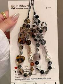 1pc Leopard Print Bow Decor Phone Lanyard, Handmade Beaded Phone Charm, Phone Strap, CD/Camera Anti-Lost Chain, Bag Charm, Keychain, Suitable Compatible With Apple IPod Pro Bluetooth Earphone Case, Autumn/Winter Gift - Multicolor - View 5