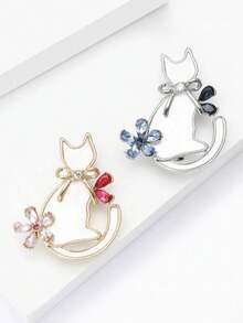 1pc Gold/Silver Cartoon Cute Rhinestone Cat Brooch, Minimalist Sweet Lapel Pin Accessory For Women - Multicolor - View 3