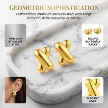 Guldfärgade puffiga X-formade örhängen, minimalistiska, grova, geometriska uttalandeörhängen för kvinnors vardagsbruk - Gult guld - Visa 10