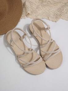 新款时尚交叉弹力平底沙滩凉鞋，女士款 - 米色 - 查看 3