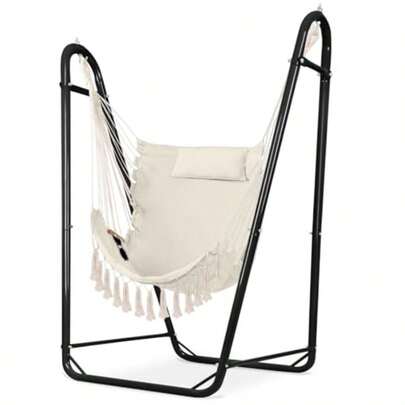 Silla hamaca con soporte resistente estilo bohemio colgante con borlas con reposacabezas y bolsillos laterales para interiores y exteriores patio porche color negro y blanco