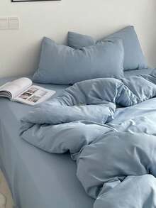 3pcs Solid Color Soft Polyester Fiber Duvet Cover Set - Baby Blue - View 6