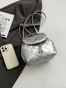 Mochila de mujer con cadena y acolchado de diamantes en unicolor de piel sintética - Plateado - Ver 4