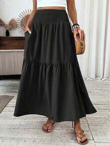Women's Long Ditsy Floral Skirt, Casual Elastic Waist With Pockets, Ruffle Hem, A-Line Skirt Summer Vacation Spring - 黑色 - 查看 2