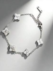 1pc Minimalist Laser Engraved Stainless Steel Four-Leaf Clover Bracelet, Lucky Charm For Women - Multicolor - View 5