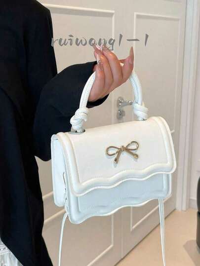 时尚纯色手提包，休闲翻盖小方包，蝴蝶结金属锁扣，女士托特包/单肩斜挎包，春夏新款