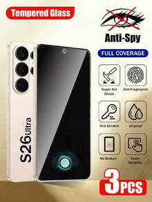 XINHONGYU 3片裝 Galaxy S 系列隱私鋼化玻璃螢幕保護貼，支援 0.2 秒指紋解鎖，相容 Galaxy S26 Ultra/26+/26、Galaxy S25 Ultra/S25+/S25、S24 Ultra/24 Plus/24、S23/22/21，25° 隱私防窺，全螢幕覆蓋，防指紋、防摔、防刮、零氣泡 - 3件 - 查看 1