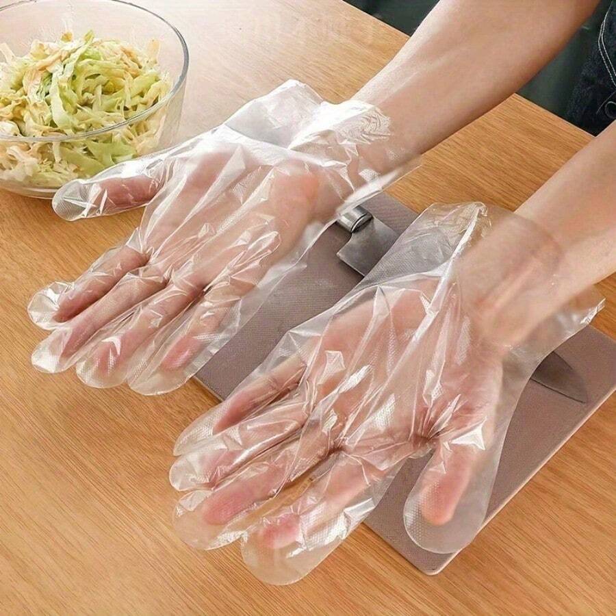 200pcs Transparent Disposable PE Gloves, Lightweight & Sanitary Kitchen Supplies For Food Handling - Outer Packaging In Three Random Colors - View 1