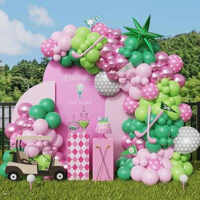 Bộ trang trí vòm bóng hình cú đánh "Hole-In-One" - 144 mảnh bóng hình gậy golf ngôi sao màu hồng và xanh lá cây cùng bóng bay tráng bạc, hoàn hảo cho trang trí tiệc sinh nhật lần thứ nhất, tiệc mừng em bé chào đời, tiệc tiết lộ giới tính, tiệc độc thân nam/nữ và trang trí tiệc theo chủ đề golf.