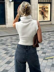 Áo len cổ cao không tay màu trơn thời trang màu trắng cho mùa hè - trắng - Xem 4