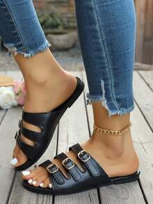 1 par de sandalias bohemias de unicolor de cuero de PU con hebilla, para vacaciones de verano - Negro - Ver 2