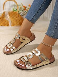 Giày sandal đế xuồng cỡ lớn dành cho nữ, đế mềm mại, khóa kim loại thoải mái, kiểu dáng casual, đế dày, hở mũi, thích hợp đi bộ ngoài trời, hàng mới xuất nhập khẩu. - Vàng - Xem 6