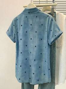Women's Short Sleeve Heart Print Button Shirt, Pointed Collar With Chest Pocket, Cute Casual Top, Suitable For Office, Home, Vacation And Daily Wear, Perfect For Spring And Summer - Blue Short-sleeved Shirt - View 5