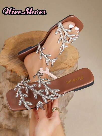 Women's Square Toe Leaf Rhinestone Flat Sandals, Luxury Elegant Style Suitable For Daily Commute, Dating, Party, Vacation - Silver Leaf Rhinestone Square Toe Flat Sandals, Colorful Leaf Rhinestone Square Toe Flat Sandals