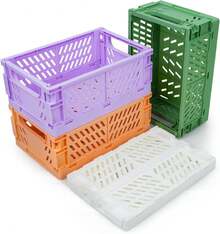 Cesta de almacenamiento de plástico plegable de cuatro colores; cesta para organizar objetos pequeños en el escritorio; cesta de almacenamiento perforada y transpirable para aperitivos; caja de almacenamiento multifuncional, adecuada para armarios, estanterías, baños, dormitorios y cocinas. - Multicolor - Ver 7