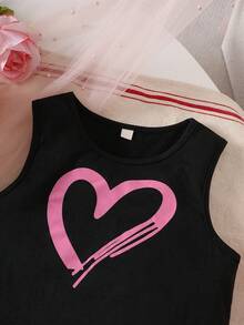 Bộ đồ phong cách ngọt ngào và cá tính dành cho bé gái tuổi teen, áo không tay in hình trái tim và quần short có thắt lưng, trang phục 2 mảnh thường ngày, thích hợp cho mùa xuân/hè. - màu đen - Xem 4