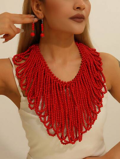 1 Set Handmade Exaggerated Multi-Layer Beaded Necklace, Earrings, Bracelet, Bohemian South Asian Style, Fashion Vintage, Suitable For Formal Events, Parties, Holidays, Leisure, Random Color Arrangement