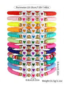 Set de 12 piezas de pulseras de arcilla blanda con cuentas con diseño de corazón que brillan en la oscuridad, en colores y estilos aleatorios, adecuado para festivales, celebraciones y regalos - Multicolor - Ver 4