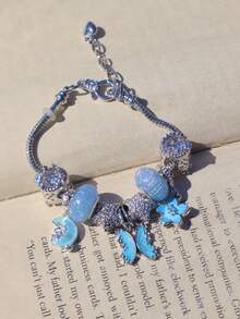 1pc Dreamy Butterfly Charm Bracelet, Shiny Star Bracelet, Cherry Blossom Bracelet, Best Friend Memorial Bracelet, Cartoon Moon Bracelet - Silver - View 3