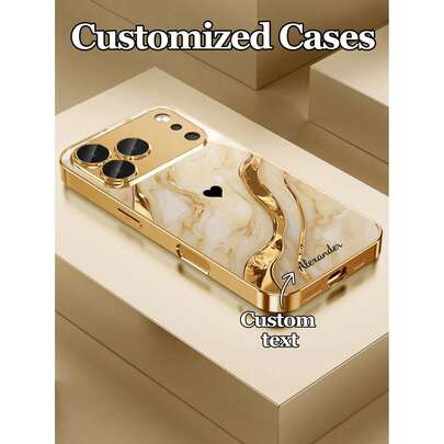 1 pieza Funda de teléfono personalizable con diseño de texto, patrón de mármol dorado y beige con líneas de onda doradas, material de vidrio templado adecuado para iPhone 17 Pro Max/17 Air/16/15/13/12/11/XS Max/6 7 8 Plus, de alta gama, personalizada, de lujo y moda, con protector de lente incorporado, ideal para regalos de vacaciones, regalos de cumpleaños, parejas, mascotas, amigos, compañeros de clase, hermanos, familia