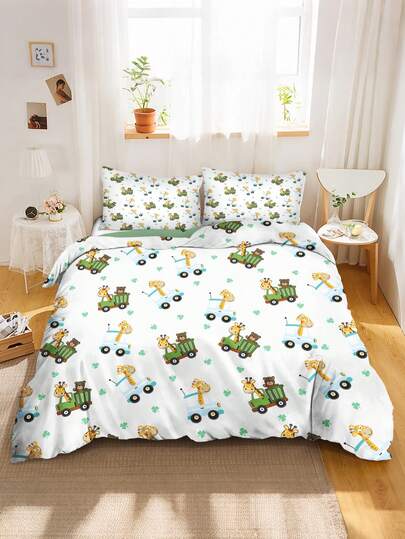 2/3件套可爱长颈鹿熊儿童床上用品套装，卡通动物卡车印花被套含枕套，柔软超细纤维床品套装，适合幼儿卧室装饰（单人/双人/大号）150x200厘米