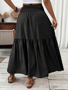 Women's Long Ditsy Floral Skirt, Casual Elastic Waist With Pockets, Ruffle Hem, A-Line Skirt Summer Vacation Spring - 黑色 - 查看 5