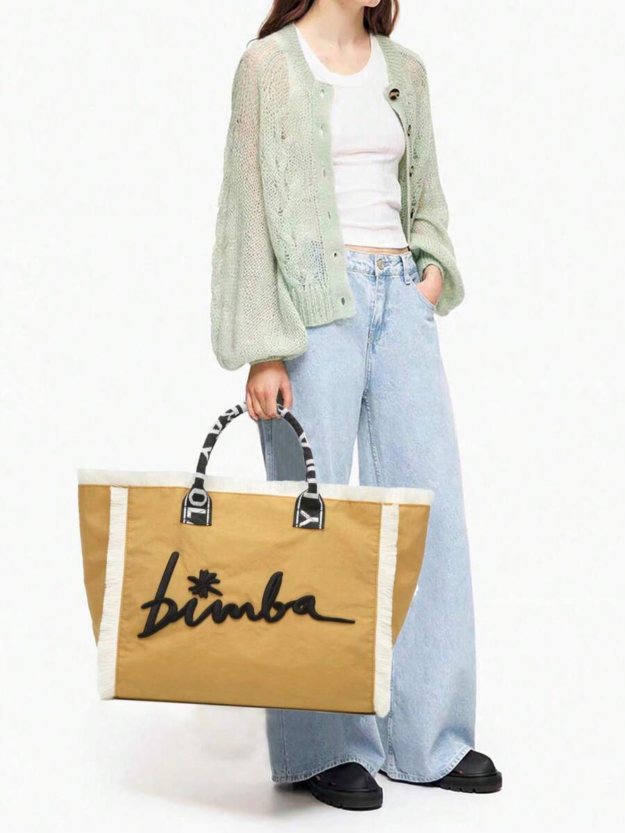 Large Lightweight Embroidered Tote Bag, Elegant Shoulder Bag - Khaki - View 1