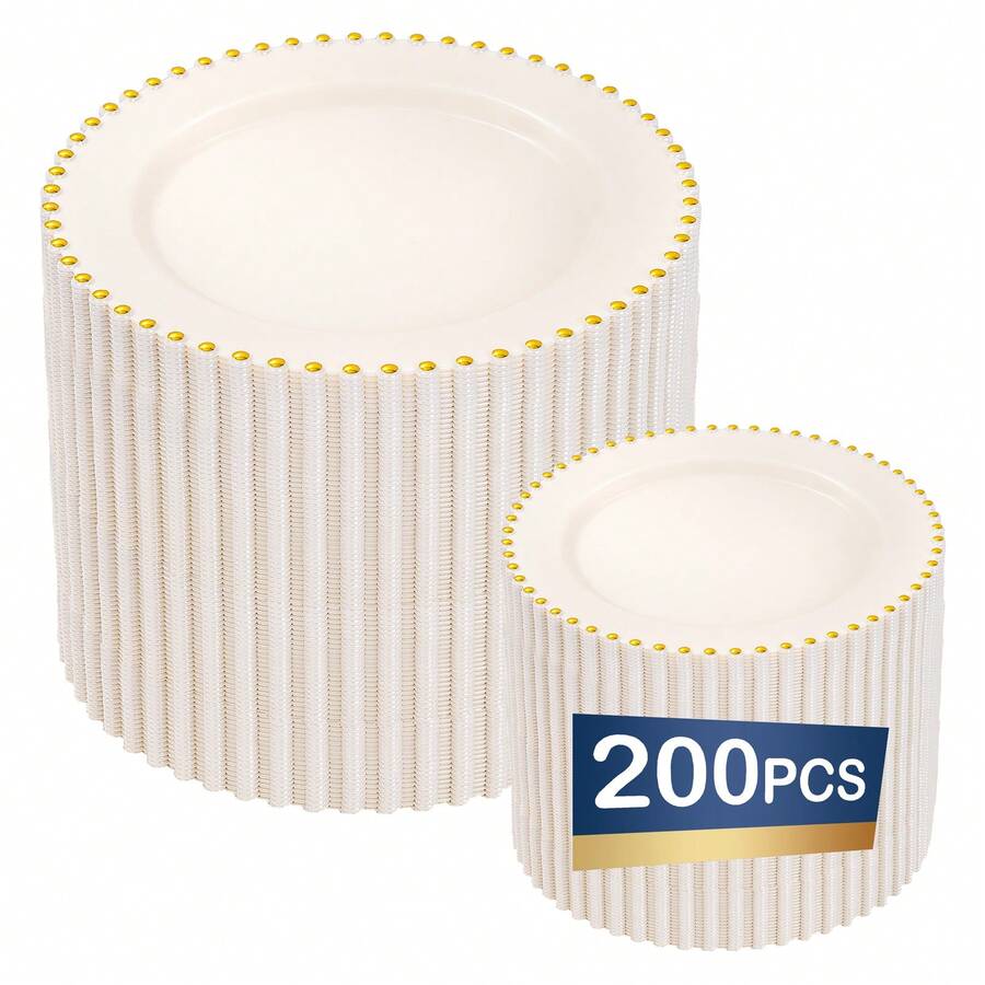 200pcs Ivory Plastic Plates With Gold Beads - Heavy Duty Elegant Disposable Plates Set Include 100Cream Plastic Dinner Plate And 100Dessert Plate Perfect For Mother's Day Wedding, Birthday & Party - View 1