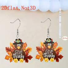 Thanksgiving Turkey Acrylic Dangle Earrings, "Give Thanks" Fall Maple Leaf Drop Earrings, 2D Flat Thanksgiving Party Jewelry For Women - A - View 6