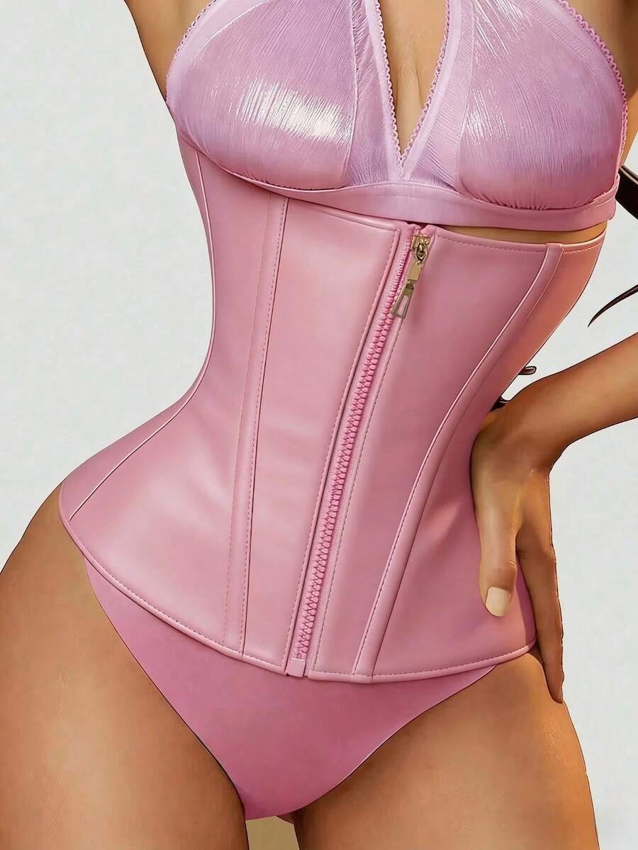ANNA Women's Underbust Latex Sport Girdle Waist Trainer Corsets Body Shaper Tummy Control Latex Waist Cincher Rubber Bones Back Support Posture Corrector Waist Trainer Adjustable Zipper Hook Eye - 粉色 - 查看 1