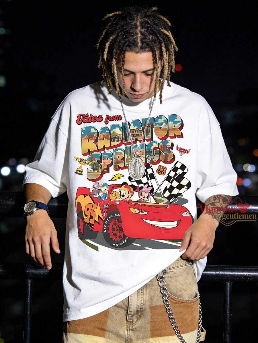 Disney Camiseta de algodón de manga corta con estampado de coches estilo retro americano Radiator Springs - Blanco - Ver 1