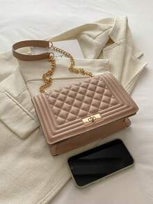 Túi đeo chéo nhỏ cho nữ, kiểu dáng thời trang mới, dây đeo xích, hình vuông, chất liệu da PU, nắp gập. - Màu Khaki - Xem 10