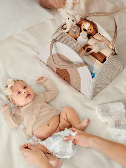 Giỏ đan thủ công kiểu đồng quê - Giỏ vải di động có nắp mở và vành chắc chắn, thích hợp để đựng bình sữa và tã bỉm, phù hợp cho nhà bếp và phòng tắm, hộp đựng tã bỉm em bé bằng dây cotton đơn giản và thời trang, giỏ đựng đồ bằng dây cotton, giỏ đựng đồ đa năng, túi đựng đồ tiện dụng.