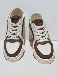 Men's Fashion Sneakers, Brown White Chunky Platform Lace-Up Shoes, Skate Style Casual Shoes - Cool Gift For Him, Skateboarding Inspired Design - 米色 - 查看 4