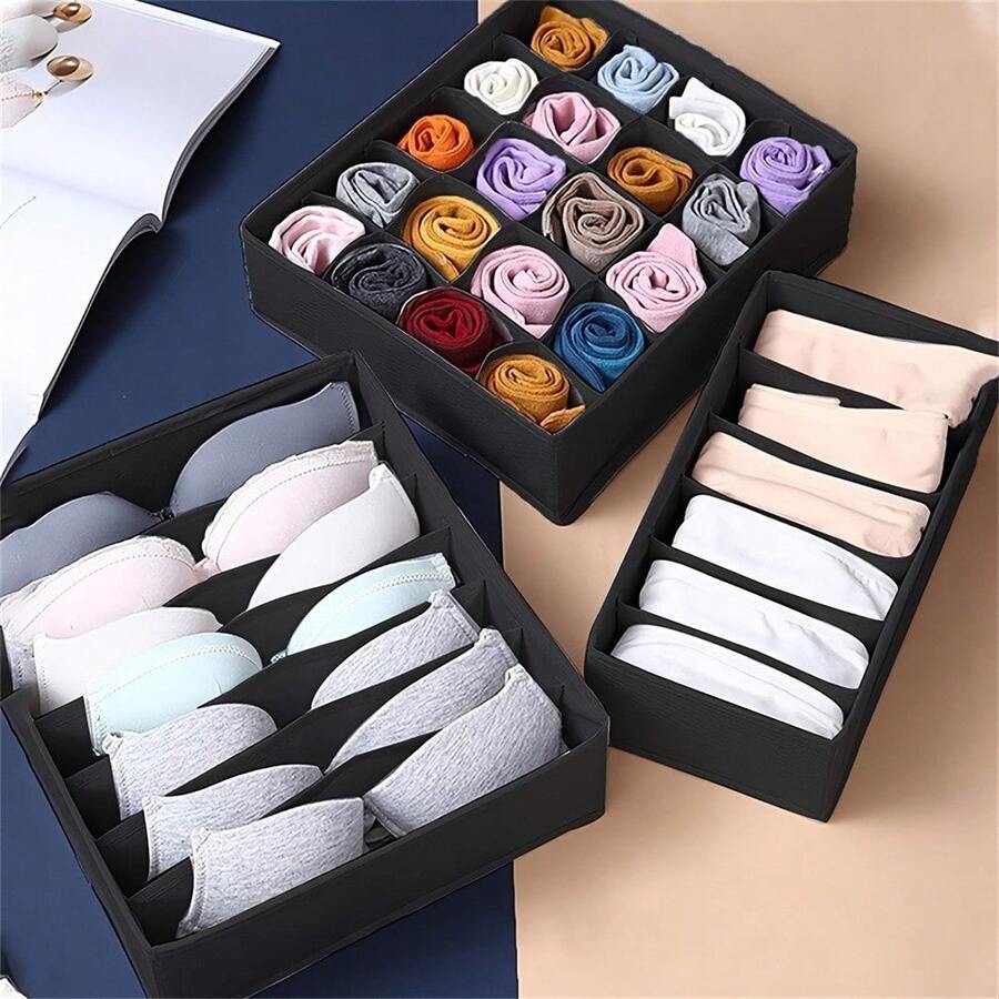 1pc Black 3-Compartment Underwear & Socks Drawer Organizer Set, Foldable Divider Storage Box, Home Storage & Organization, Minimalist Style, Non-Woven Fabric, Rectangular, Multi-Compartment Design, Classified Storage Space-Saving