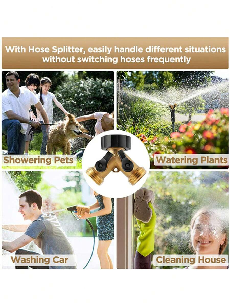 1pc/Set, Made Of Solid Copper, One-Piece Faucet Splitter With Waterproof Gasket, 3/4" Y-Type Hose Adapter, Garden Ball Valve Water Hose Splitter That Can Be Divided Into Two Bi-Directional Splitters, Threaded Connection, Kit Includes 1/2" Quick Connector And Waterproof Tape, Suitable For Car Washing, Watering Garden, Park And Lawn. Accessories. - Multiple Styles - View 1