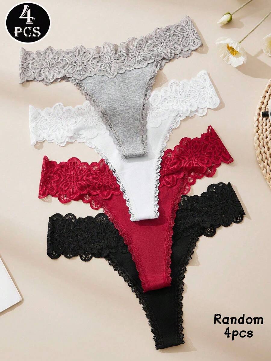 Bragas tipo tanga de mujer con parches de encaje, con un diseño de encaje delicado. Fabricadas con tela amigable con la piel, diseño sexy de cintura baja. Lencería femenina de encaje floral exquisita, alta relación calidad-precio, adecuada para citas, uso diario y fiestas. - Multicolor - Ver 1