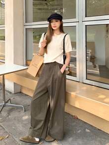 YEAE | Quần jeans dáng rộng màu xanh rêu, thoải mái, phong cách thường ngày dành cho nữ mùa xuân - Màu xanh Ô liu - Xem 6